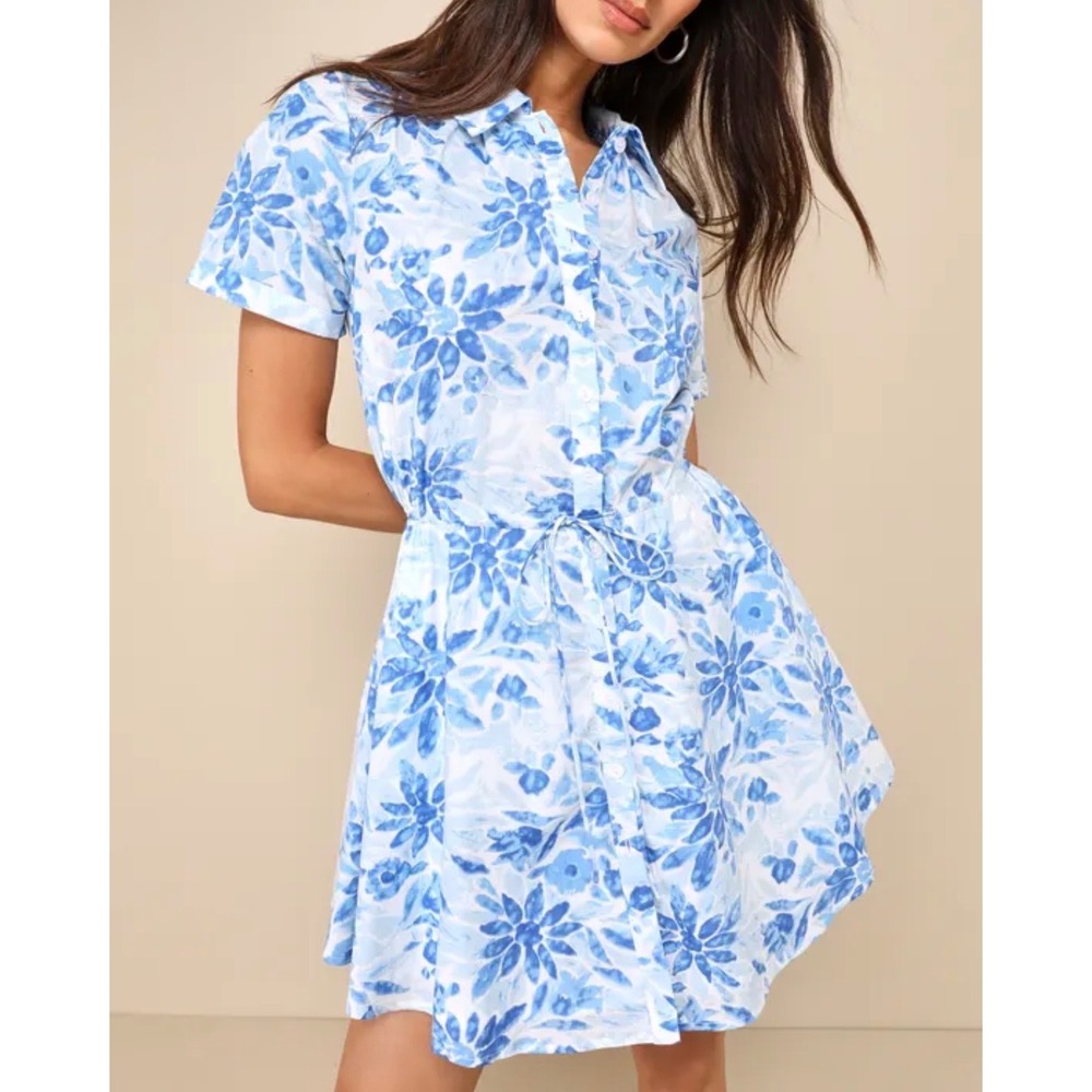 Lulus Sunny Charisma Blue White Floral Short Sleeve Mini Shirt Dress Pockets S